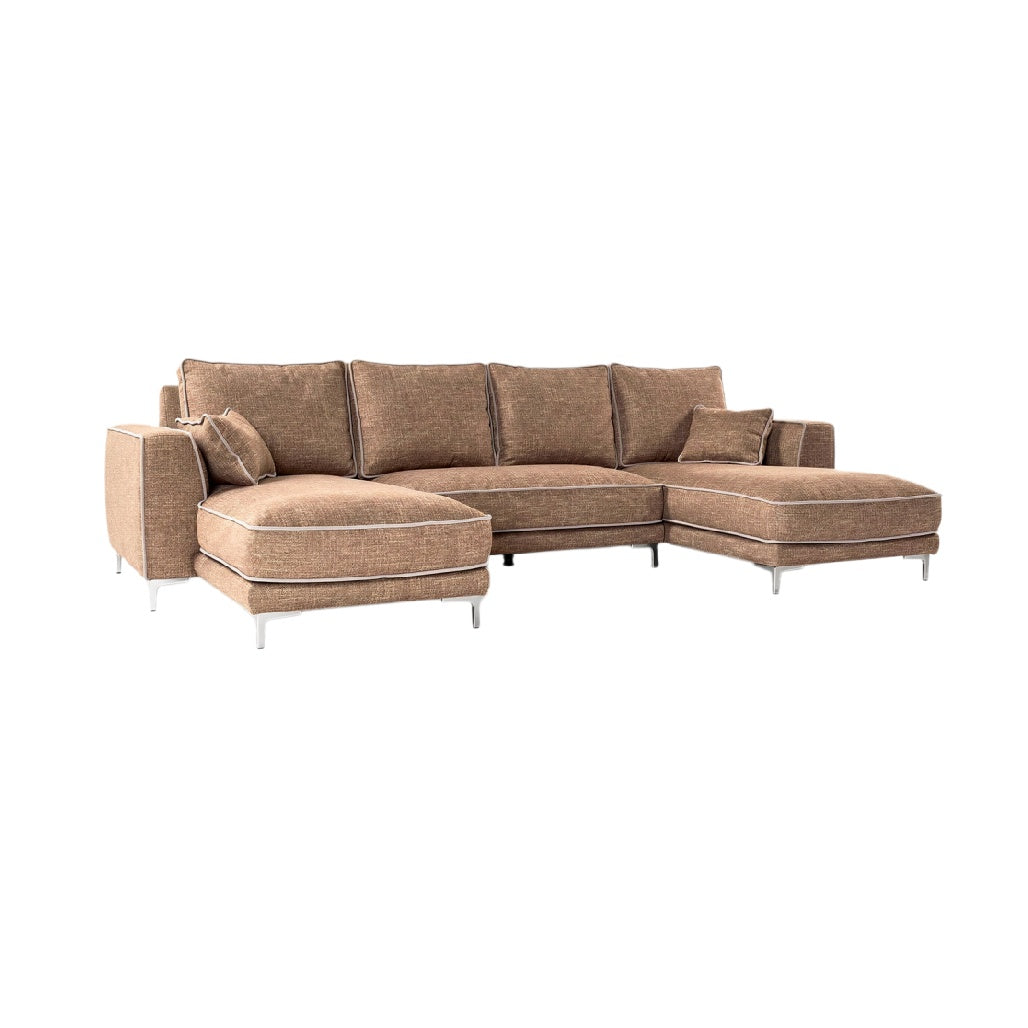 **Elegancka narożna sofa w kolorze brązowym z poduszkami**