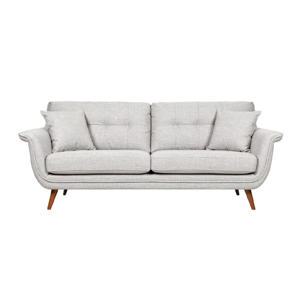 **Tytuł techniczny w języku polskim: Nowoczesna sofa z szaro-beżowego materiału z poduszkami**